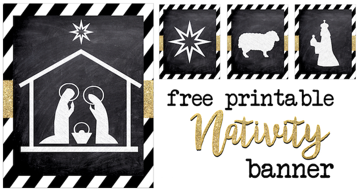 Christmas Nativity Banner free printable. Print this silhouette banner for some easy and cute Christmas decor. These chalkboard nativity signs with gold embellishment are classy and fun.