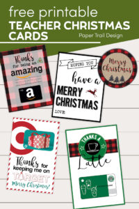 Free printable teacher Christmas gift ideas with text overlay- free printable teacher Christmas cards
