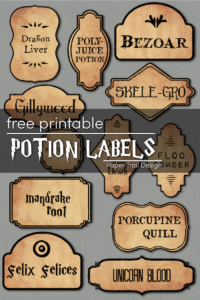 Harry Potter potion labels on grey background with text overlay- free printable potion labels 