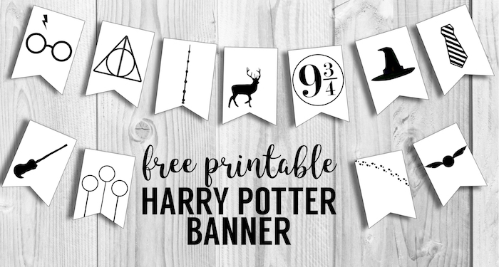 Harry Potter Banner Free Printable Decor. Harry Potter Hogwarts icon banner for party decor , bedroom decor or birthday party decorations. #papertraildesign #harrypotter #hogwarts #harrypotterdecor