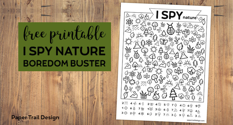 Free Printable I Spy Nature Game. Outdoor themed boredom buster game for kids to play on a cold rainy winter day, in the summer, or on a road trip. #papertraildesign #ISpy #roadtrip #boredombuster #summer #rainyday #kids
