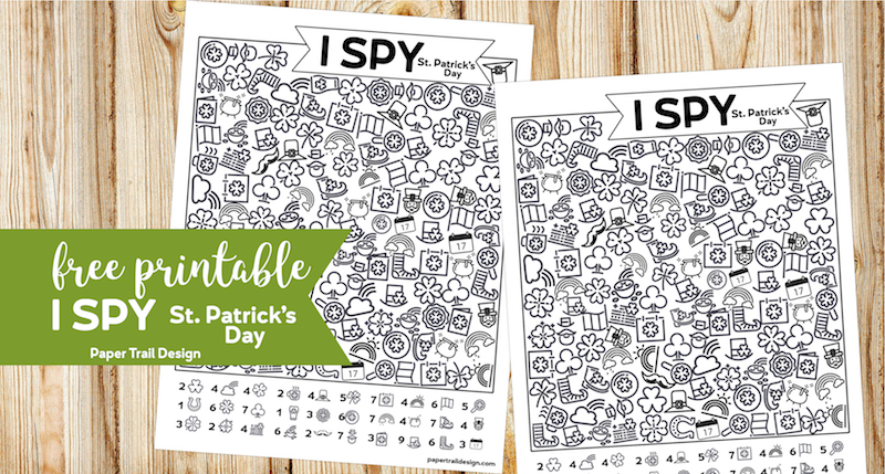 Two I Spy St. Patrick's Day themed activity pages with text overlay free printableI Spy St Patrick's Day