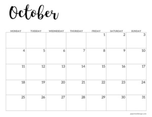 October 2021 basic Monday start calendar page