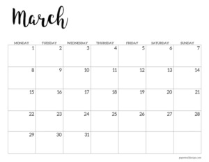 March 2021 basic Monday start calendar page