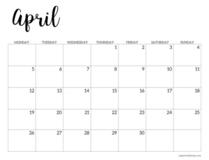 April 2021 basic Monday start calendar page