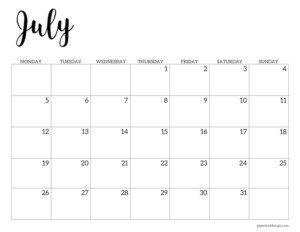 July 2021 basic Monday start calendar page