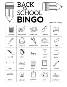 Back to school bingo card with various back to school items and supplies and a free space