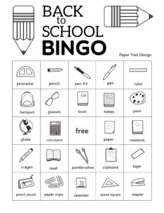 Back to school bingo card with various back to school items and supplies and a free space