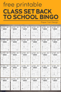 Two back to school bingo boards on a wood background with text overlay- free printable class set back to school bingo