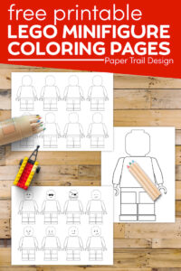 Lego mini figure coloring pages with text overlay- free printable lego minifigure coloring pages