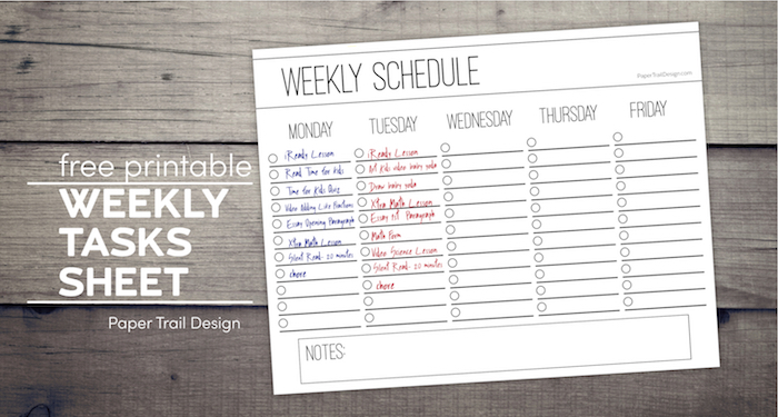 Weekly checklist schedule page on a wood background with text overlay- free printable weekly tasks sheet