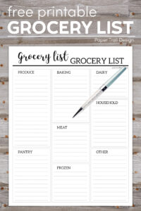 grocery list with categories: produce, pantry, baking, meat, frozen, dairy, household, and other on wood background with blue pen over top with text overlay- free printable grocery list