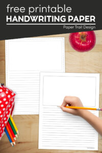 Kids handwriting paper with drawing box with text overlay- free printable handwriting paper