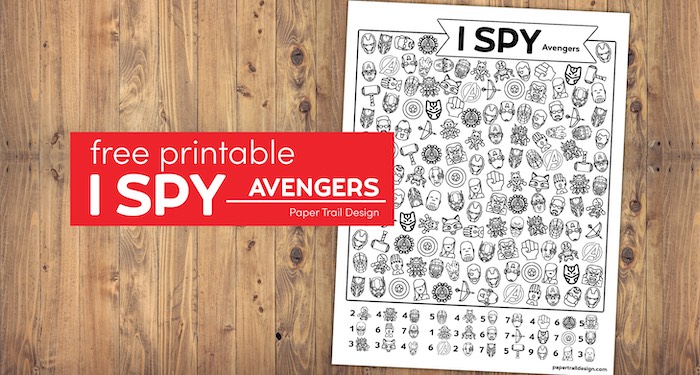 Avengers I spy activity page with text overlar free printable I spy Avengers