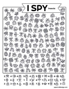 Insect themed I Spy page with various insect outlines to search for on the page