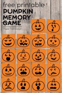 Orange memory game cards with jack-o-lantern faces with text overlay- free printable pumpkin memory game 