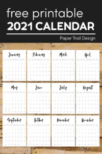 Basic calendar pages to print from January to December with text overlay- free printable 2021 calendar