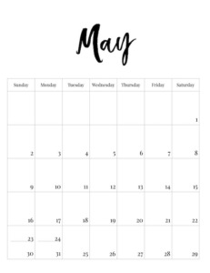 May vertical black and white calendar page with calligraphy 