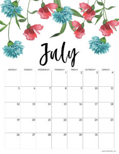 2021 July Monday start floral calendar with pink and blue flowers