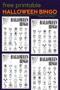 Halloween bingo cards with text overlay- free printable Halloween bingo