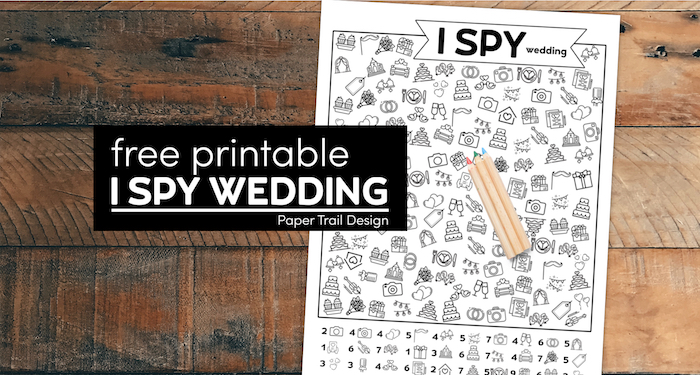 Wedding themed game for kids and colored pencils with text overlay free printable I spy wedding