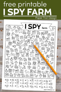 Farm themed I Spy Activity Page for kids with pencil and text overlay- free printable I Spy Farm