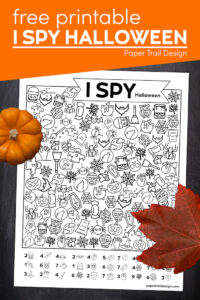 I spy Halloween kids activity with text overlay- free printable I spy Halloween