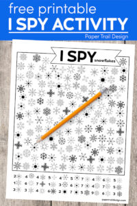 Snowflake I spy activity page with pencil with text overlay- free printable I spy activity 