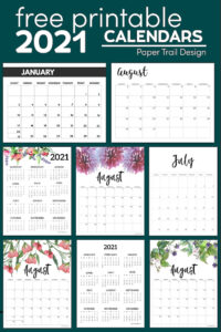 Nine different 2021 calendar layouts to print for free with text overlay- free printable 2021 calendars