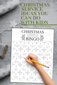 Service ideas bingo card to do at Christmas time with text overlay- Christmas service ideas you can do with kids