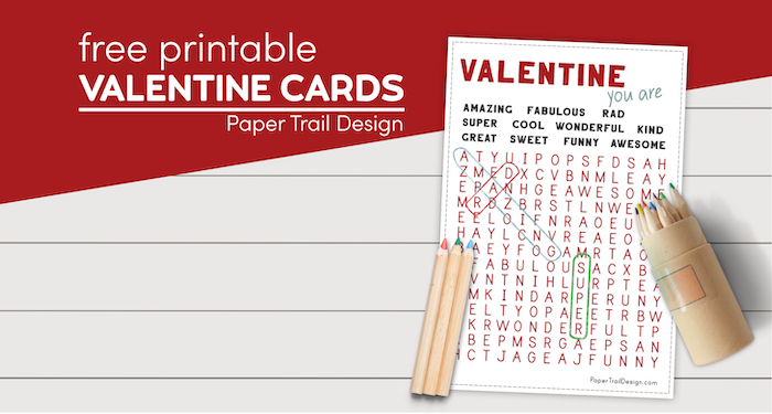 kid's valentine cards word search with colored pencils with text overlay- free printable valentine cards