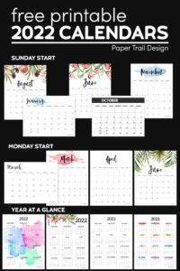 2022 Calendar templates icluding floral, watercolor, basic, vertical, and landscape calendars with text overlay- free printable 2022 calendars