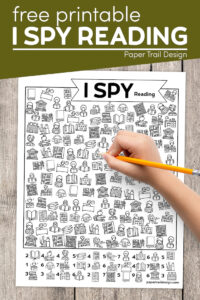 Kids reading themed activity page with kids hand holding pencil with text overlay- free printable I spy reading activty