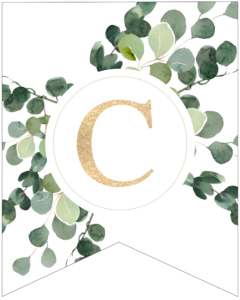 Letter C decorative banner letter with gold letter and green leaves