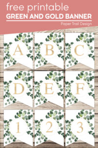 Decorative banner letters A-F and numbers 1-2 with text overlay- free printable green and gold banner