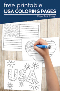 USA themed coloring pages including the American flag and fireworks with text overlay- free printable USA coloring pages