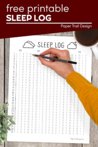 Bullet journal style sleep tracker page with text overlay- free printable sleep log