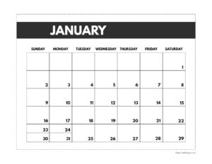 January 2022 classic calendar printable in 7 x 9.25 inch size