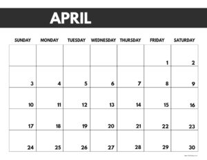 2022 April calendar page free printable with bold letters and numbers