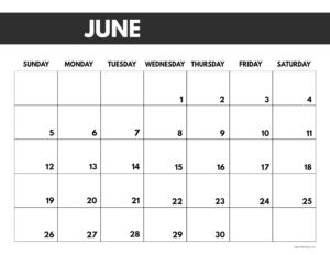 2022 June calendar page free printable with bold letters and numbers