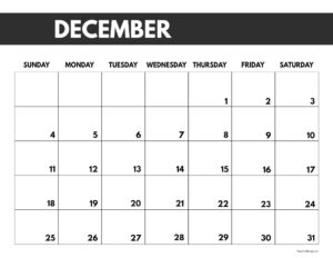 2022 December calendar page free printable with bold letters and numbers