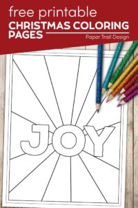 Joy coloring page with coloring pencils with text overlay- Christmas coloring pages