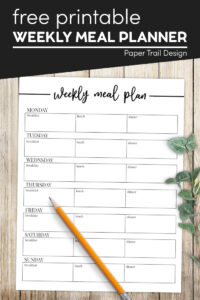 weekly meal planner with breakfast, lunch and dinner with text overlay- free printable weekly meal planner