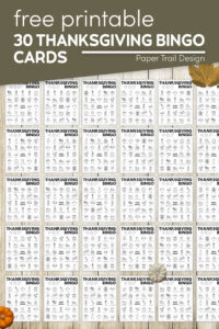 Thanksgiving bingo cards with text overlay- free pritnable 30 Thanksgiving bingo cards