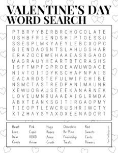 Valentine's Day word search printable page to print for free