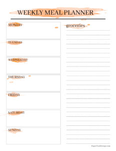 Orange watercolor weekly meal planner template with grocery shopping list. 
