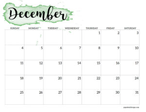 December 2022 calendar template with green watercolor design