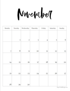 November 2022 Monday Start vertically oriented calendar