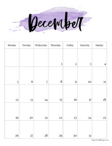 December 2022 Monday start watercolor calendar page