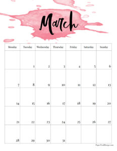 March 2022 Monday start watercolor calendar page